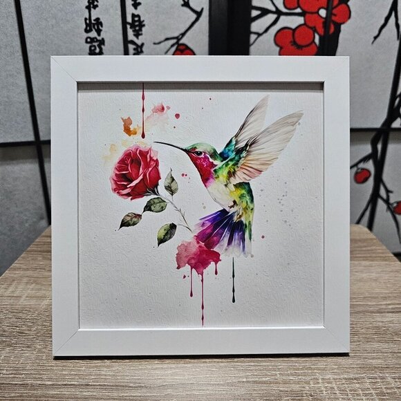 8x8 Framed Hummingbird‎ Rose Watercolor Oil Painting Art Print - Picture 1 of 6